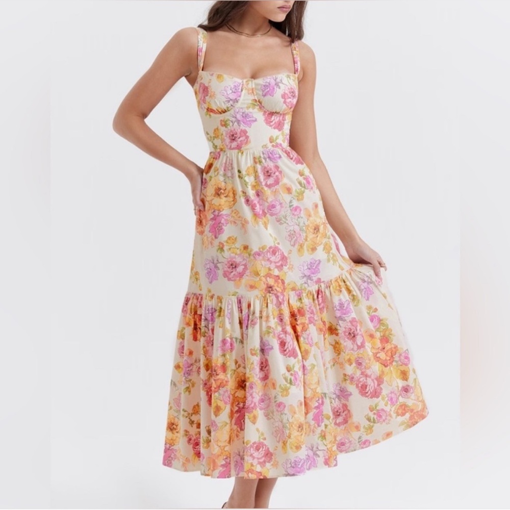 House of CB Cream Floral Midi Dress with Pink & Yellow Roses